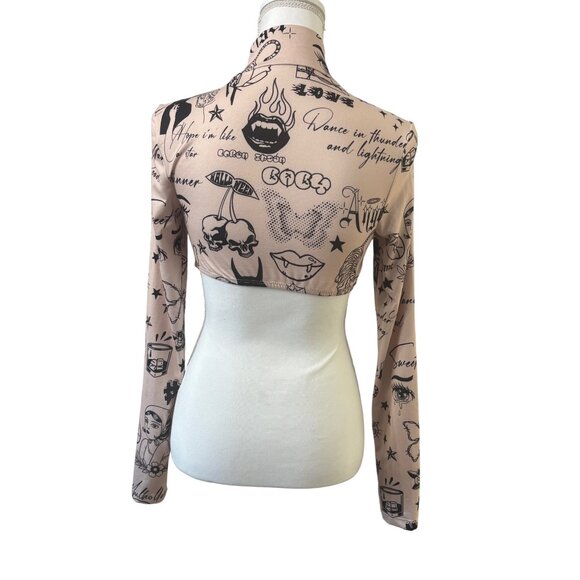 Shein Long Sleeve Tattoo Print Crop Top With Mock Neck Beige & Black Womans M - Picture 3 of 16